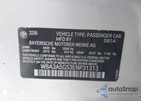 2014 BMW 328I из США, поврежденный, VIN WBA3A5G53ENP31313